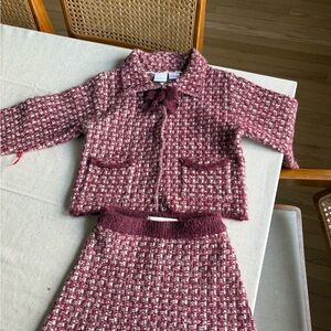 Zara Red and Cream Tweed sweater cardigan and skirt